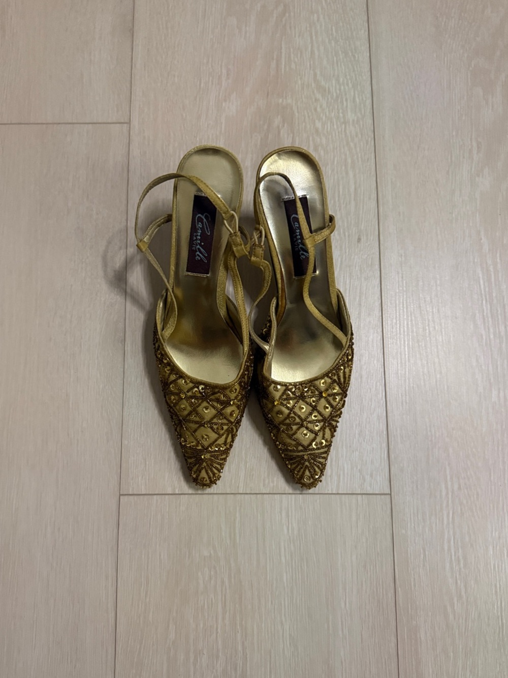 Camille La Vie Gold Embellished Pointed Toe Slingback Heels